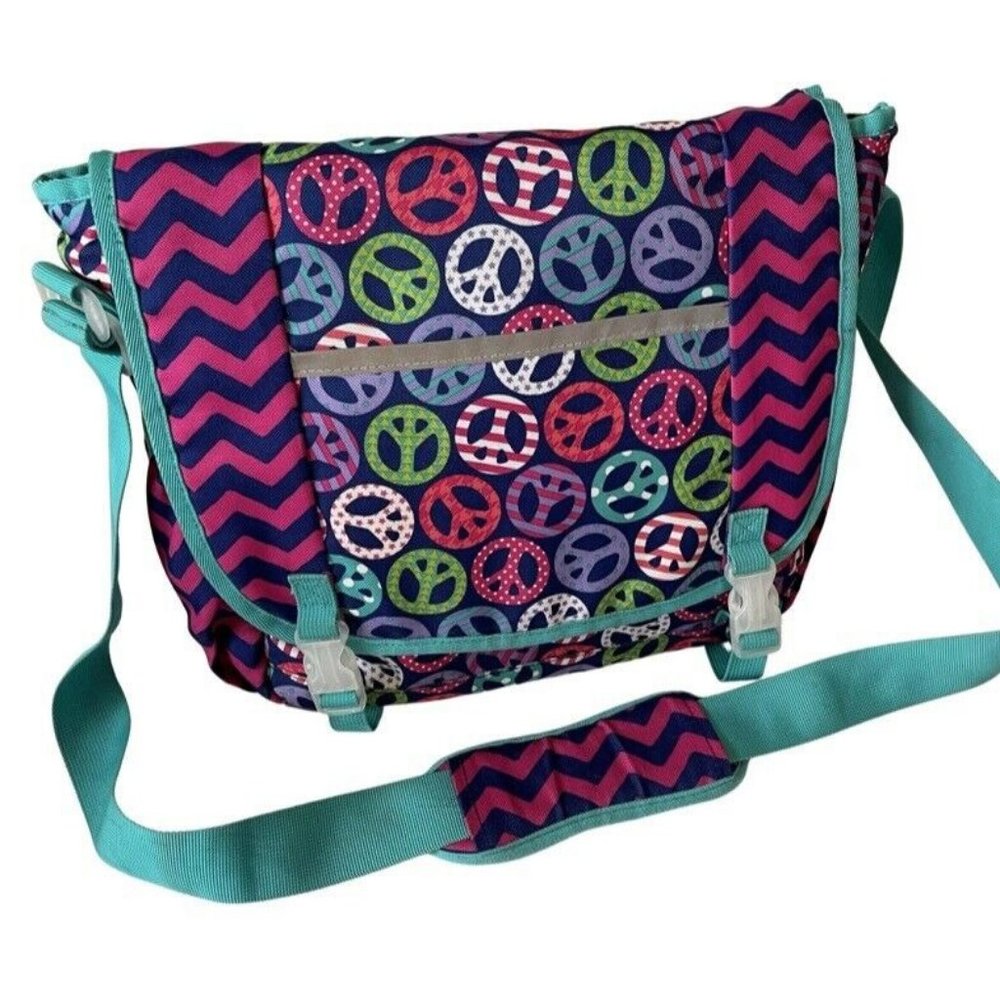 GARNET HILL KIDS Colorful Peace Pattern Messenger School Crossbody Bag Teal Pnk